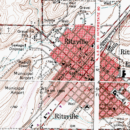 Topographic Map of Ritzville Post Office, WA