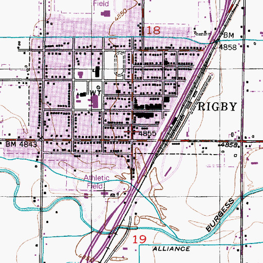 Topographic Map of Rigby Post Office, ID