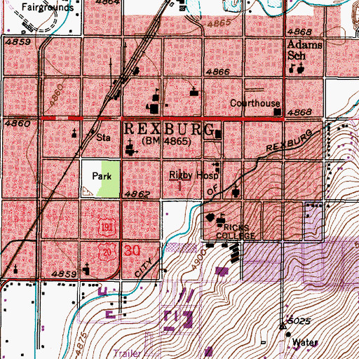 Topographic Map of Rexburg Post Office, ID