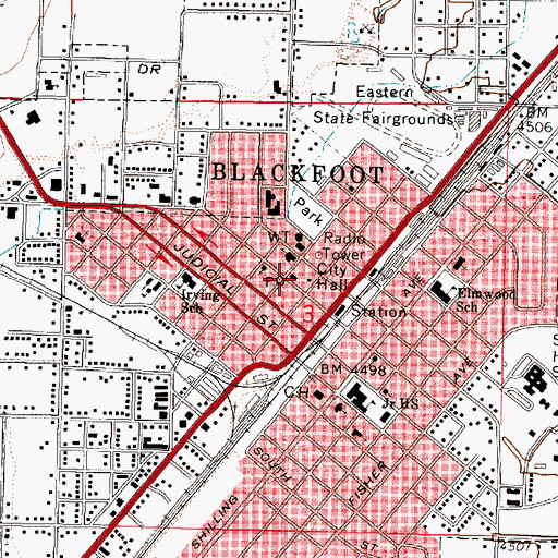 Topographic Map of Blackfoot Post Office, ID