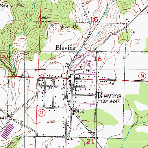 Topographic Map of Blevins Post Office, AR