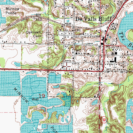 Topographic Map of De Valls Bluff Post Office, AR