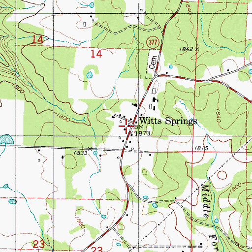 Topographic Map of Witts Springs Post Office, AR