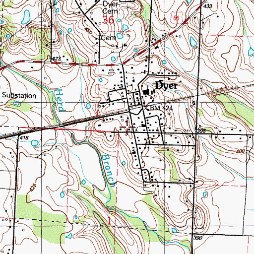 Topographic Map of Dyer Post Office, AR