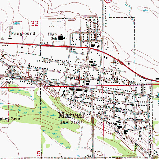 Topographic Map of Marvell Post Office, AR