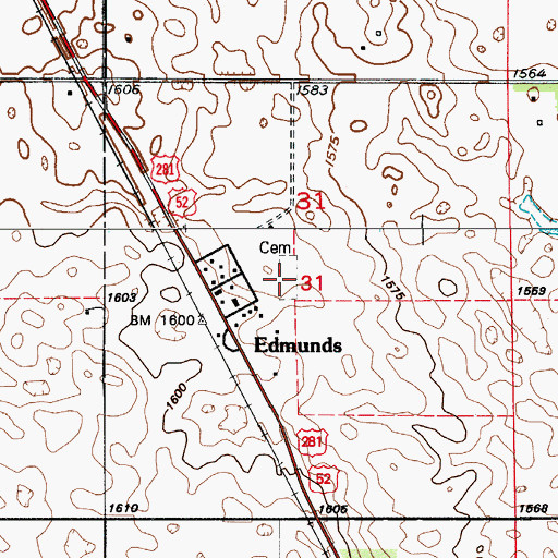 Topographic Map of Melville Cemetery, ND