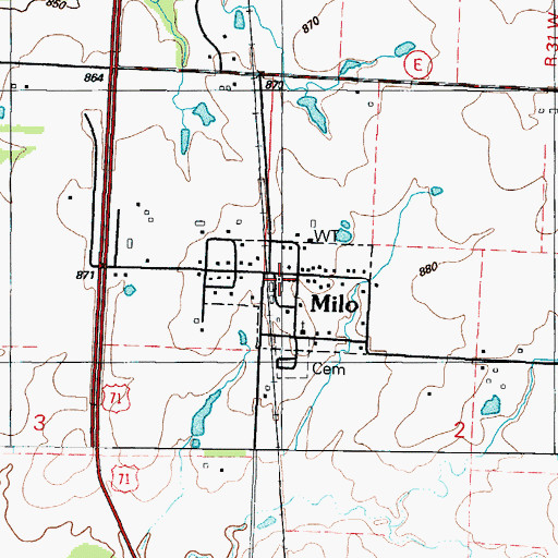 Topographic Map of Milo Post Office, MO