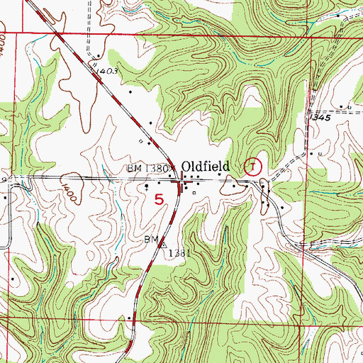 Topographic Map of Oldfield Post Office, MO