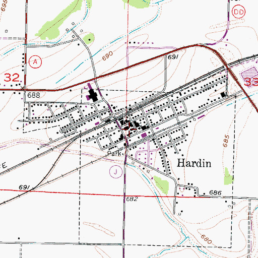 Topographic Map of Hardin Post Office, MO