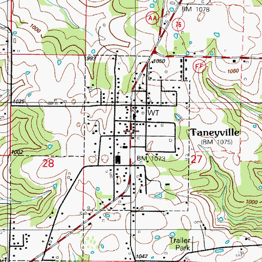 Topographic Map of Taneyville Post Office, MO