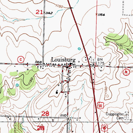 Topographic Map of Louisburg Post Office, MO