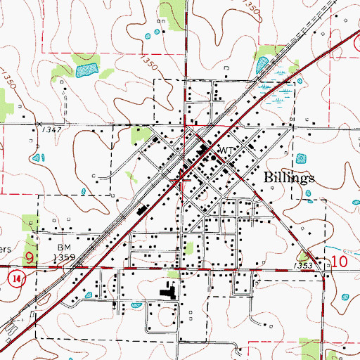 Topographic Map of Billings Post Office, MO