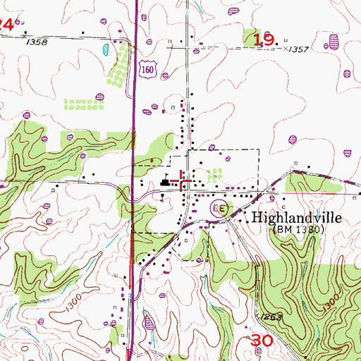 Topographic Map of Highlandville Post Office, MO