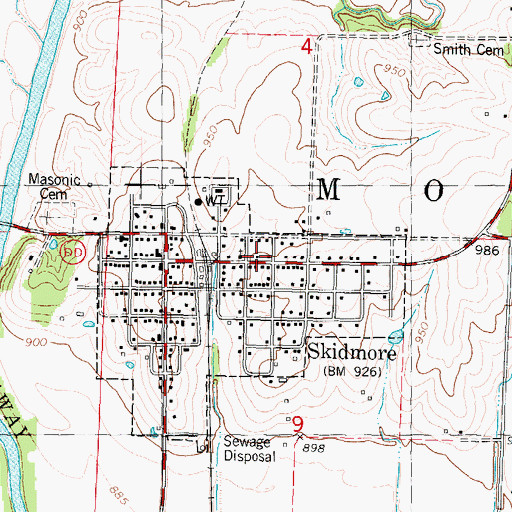 Topographic Map of Skidmore Post Office, MO