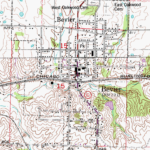 Topographic Map of Bevier Post Office, MO
