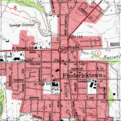Topographic Map of Fredericktown Post Office, MO