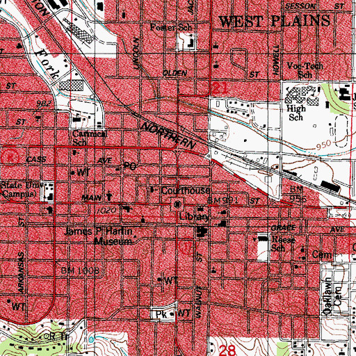 Topographic Map of West Plains Post Office, MO