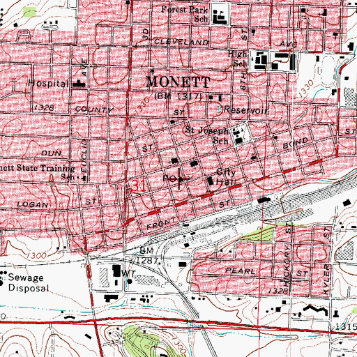 Topographic Map of Monett Post Office, MO