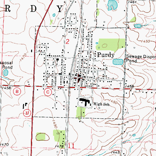 Topographic Map of Purdy Post Office, MO