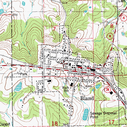 Topographic Map of Bland Post Office, MO