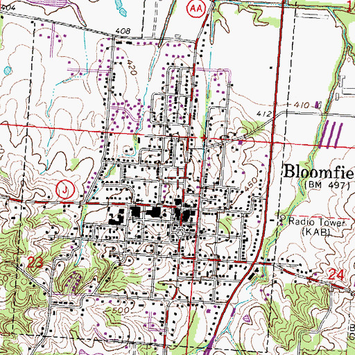 Topographic Map of Bloomfield Post Office, MO
