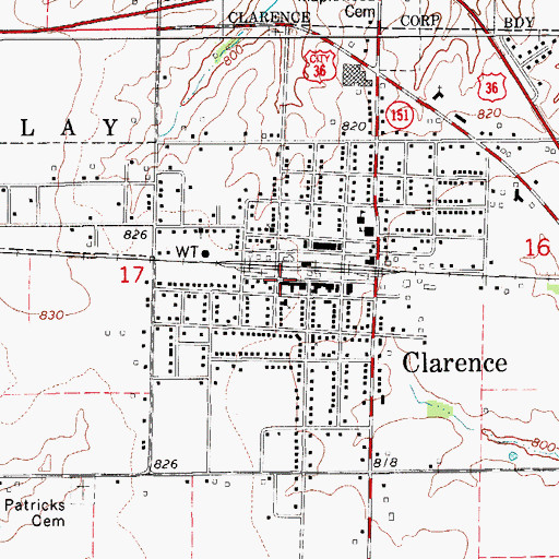 Topographic Map of Clarence Post Office, MO