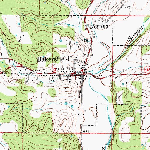 Topographic Map of Bakersfield Post Office, MO