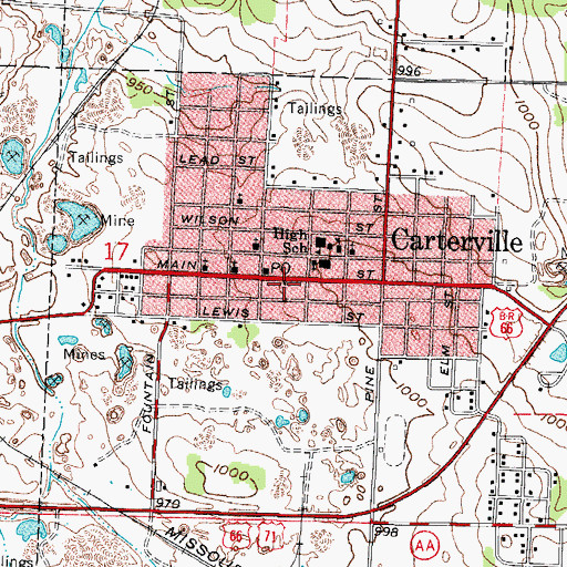 Topographic Map of Carterville Post Office, MO