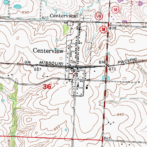 Topographic Map of Centerview Post Office, MO