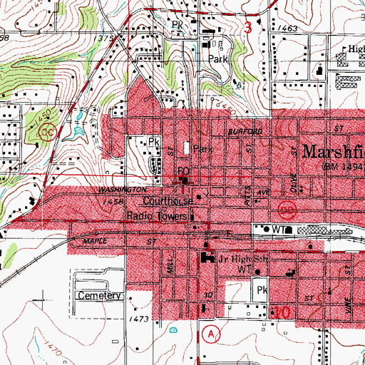 Topographic Map of Marshfield Post Office, MO