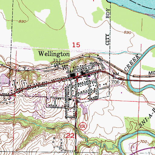 Topographic Map of Wellington Post Office, MO