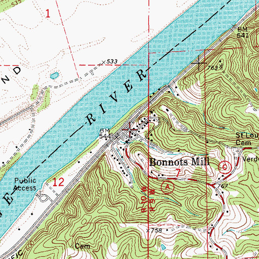 Topographic Map of Bonnots Mill Post Office, MO