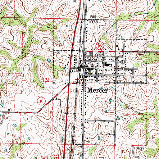 Topographic Map of Mercer Post Office, MO