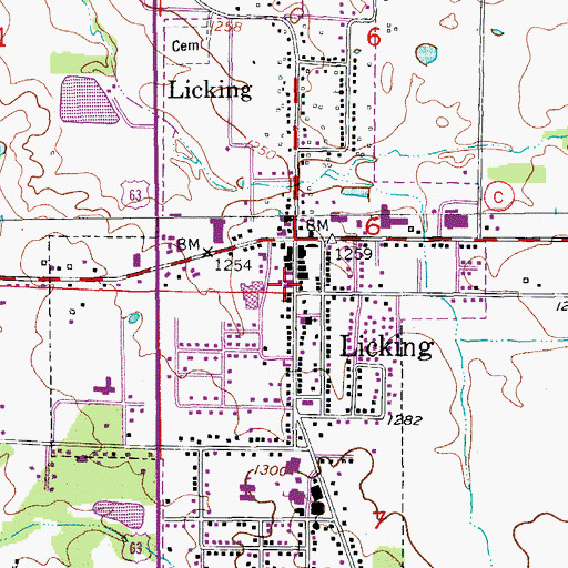 Topographic Map of Licking Post Office, MO
