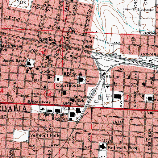 Topographic Map of Sedalia Post Office, MO