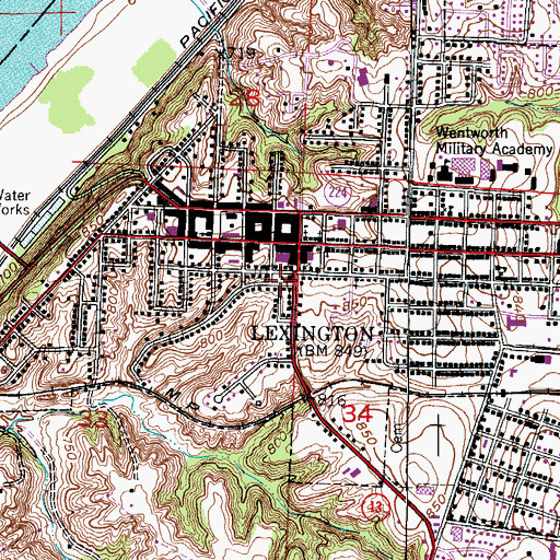 Topographic Map of Lexington Post Office, MO