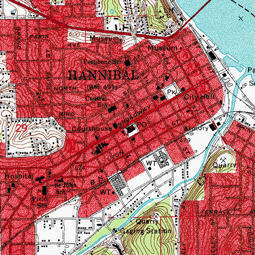 Topographic Map of Hannibal Post Office, MO