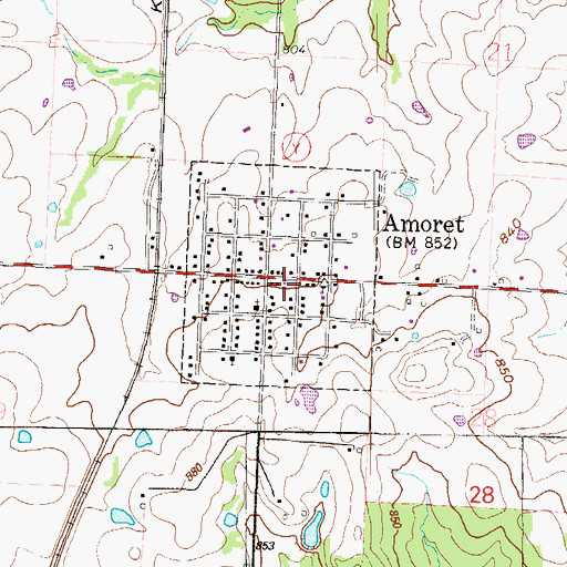 Topographic Map of Amoret Post Office, MO