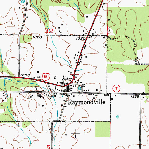 Topographic Map of Raymondville Post Office, MO