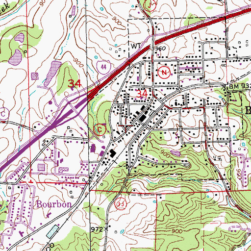 Topographic Map of Bourbon Post Office, MO
