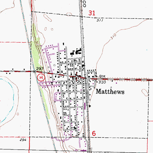 Topographic Map of Matthews Post Office, MO