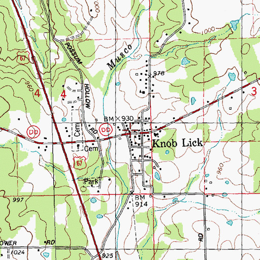 Topographic Map of Knob Lick Post Office, MO