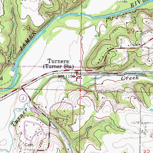 Topographic Map of Turners Post Office, MO