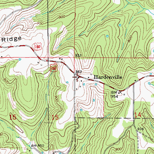 Topographic Map of Hardenville Post Office, MO