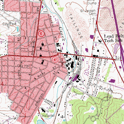 Topographic Map of Bonne Terre Post Office, MO