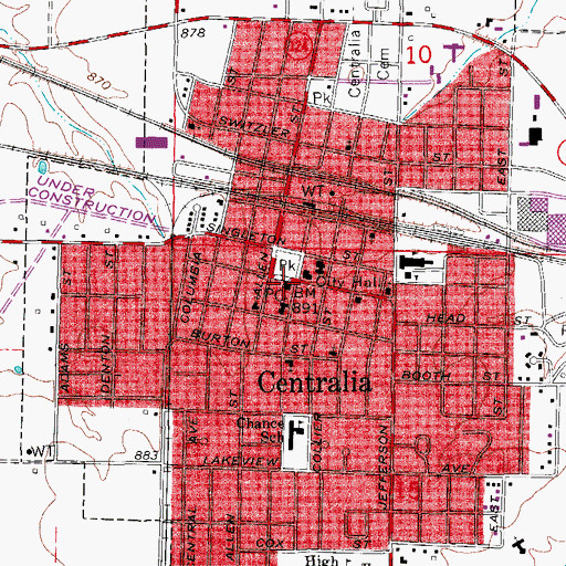 Topographic Map of Centralia Post Office, MO