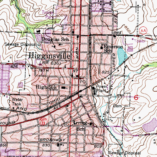 Topographic Map of Higginsville Post Office, MO