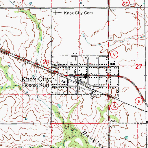 Topographic Map of Knox City Post Office, MO