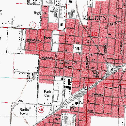 Topographic Map of Malden Post Office, MO