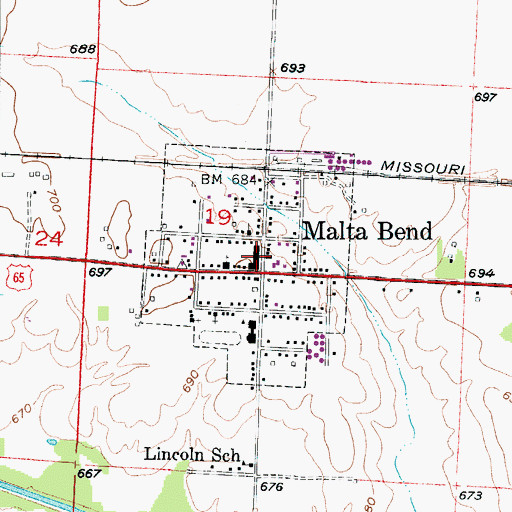 Topographic Map of Malta Bend Post Office, MO